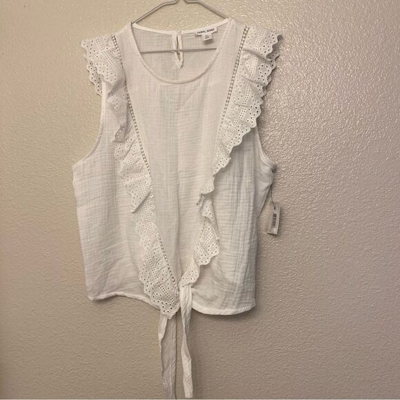 Tribal Jeans Sleeveless Tie Front white cotton muslin gauze Blouse boho Lace S - Picture 2 of 8